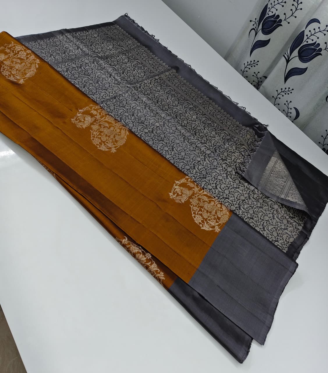 Grey and Mustard Yellow Silk Saree